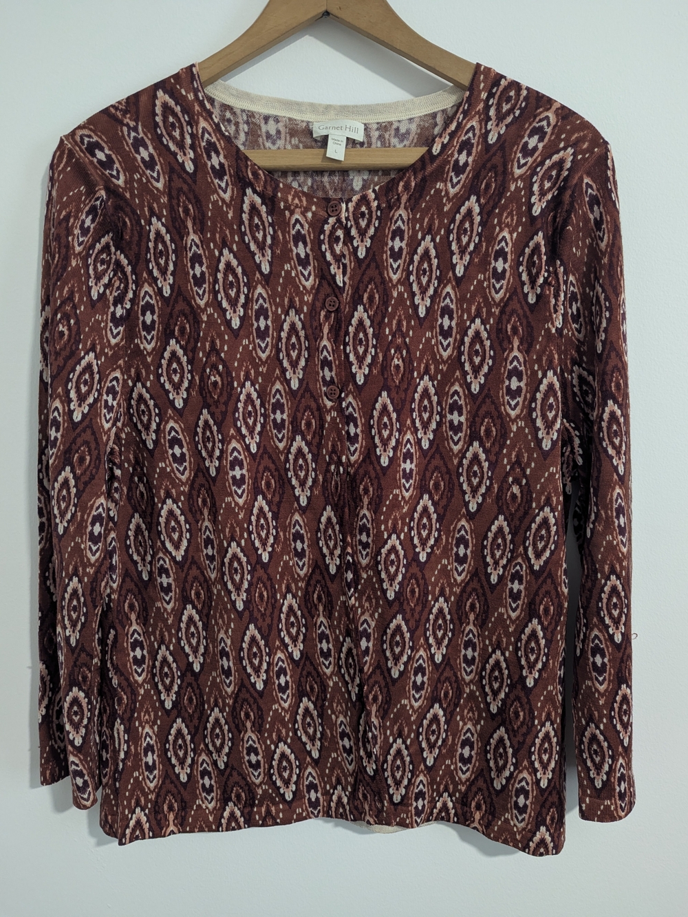 100% Merino Wool Garnet Hill Women's Rust and Cream Patterned Button Cardigan L
